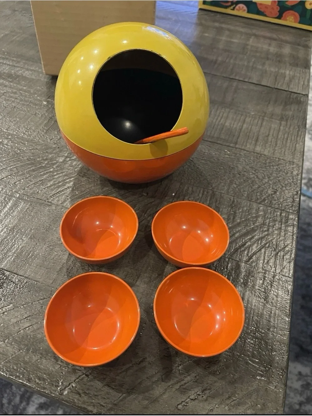 Vintage 1960s Mod Melamine Snack Set Orange Yellow Space Age Mid Century